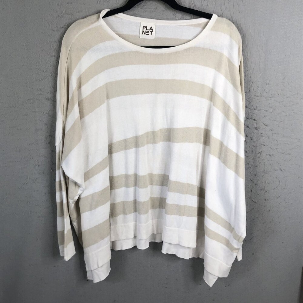 Planet Top Womens One Size White Tan Striped Oversized Lagenlook Boho Beachy